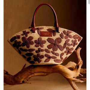Sézane Justine Basket Bag Raffia Embroidery Choco Flowers